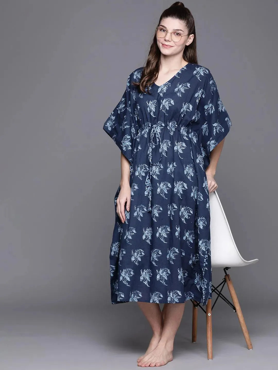 Blue Cotton Printed Kaftan Nightdress - Libas 