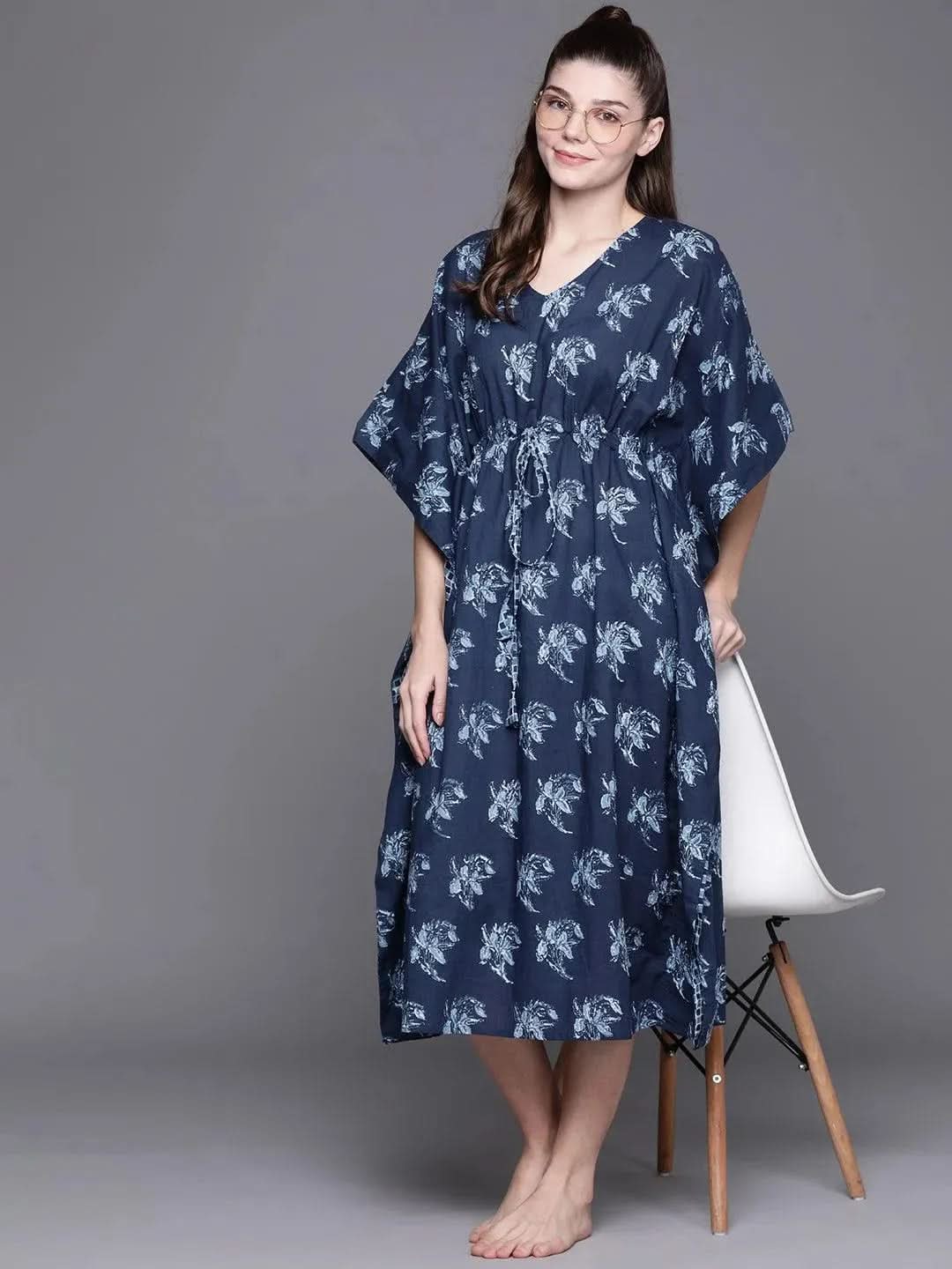 Blue Cotton Printed Kaftan Nightdress - Libas 