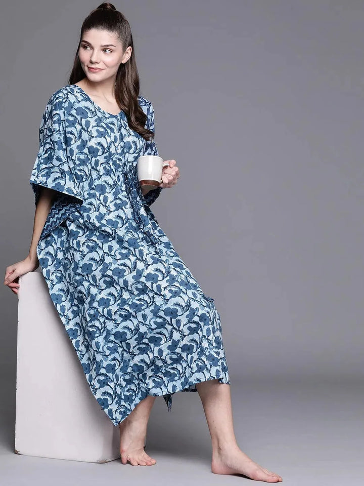 Blue Cotton Printed Kaftan Nightdress - Libas