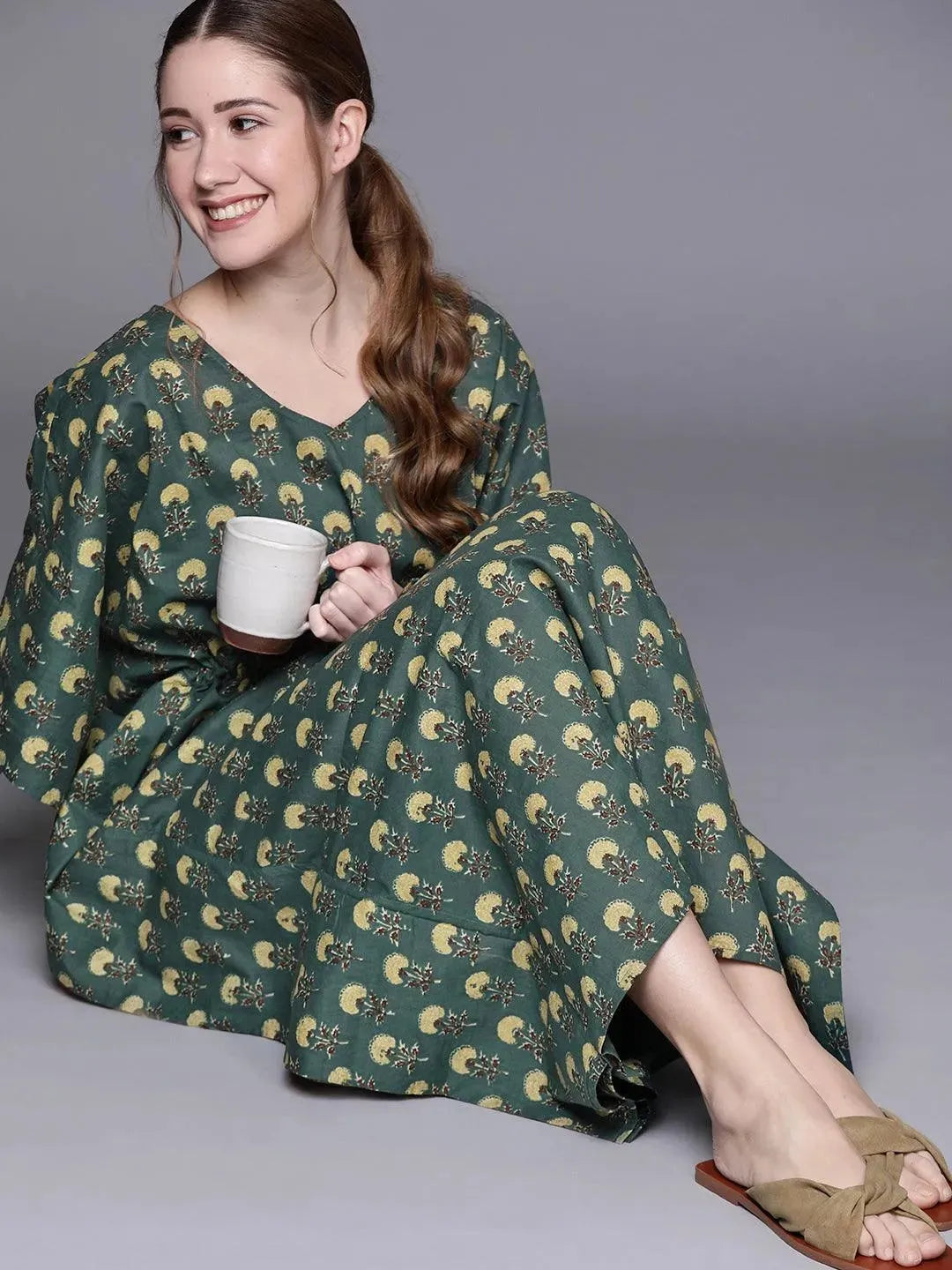Blue Cotton Printed Kaftan Nightdress - Libas 