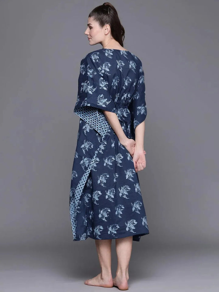 Blue Cotton Printed Kaftan Nightdress - Libas