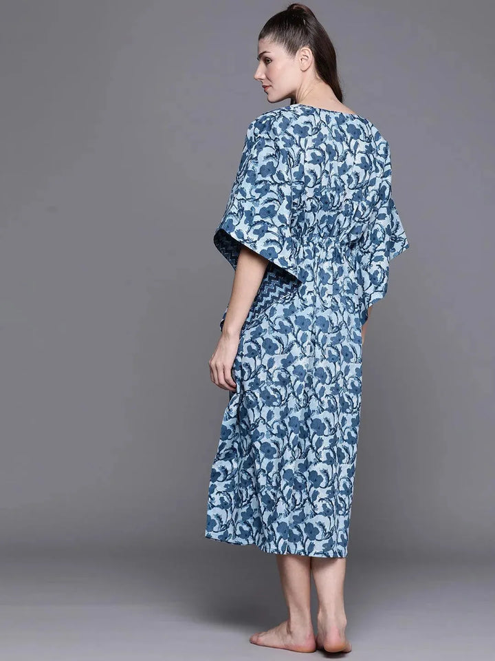 Blue Cotton Printed Kaftan Nightdress - Libas