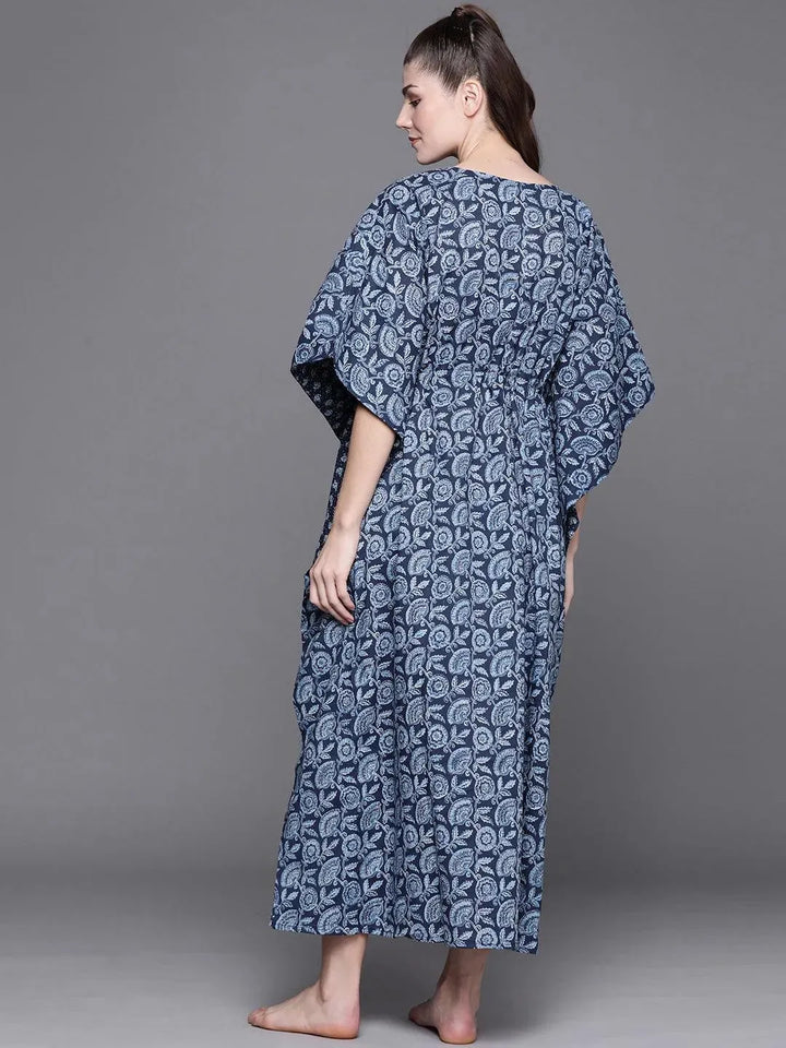 Blue Cotton Printed Kaftan Nightdress - Libas