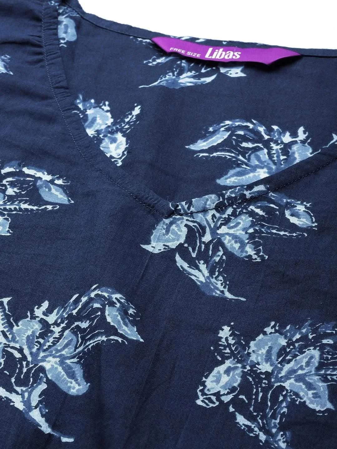 Blue Cotton Printed Kaftan Nightdress - Libas 