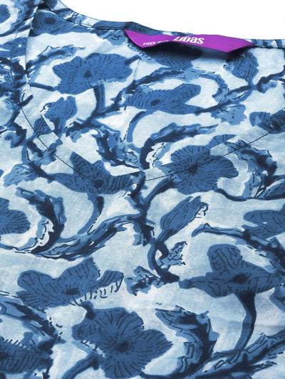 Blue Cotton Printed Kaftan Nightdress - Libas