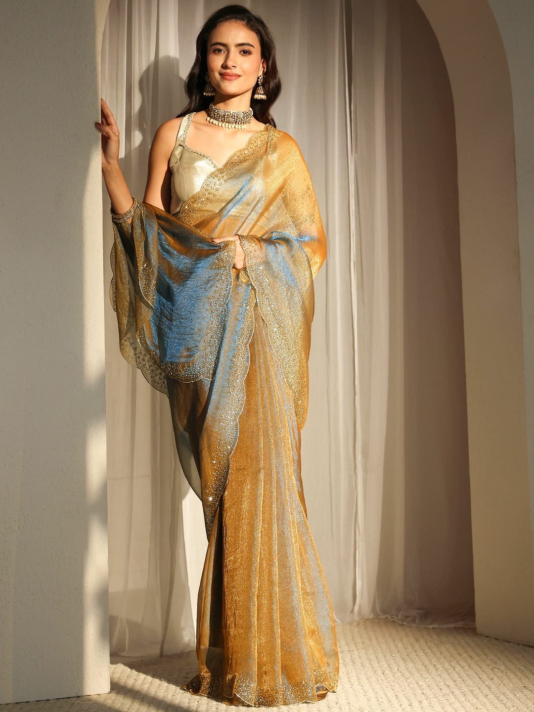Libas Blue Embellished Border Tissue Saree With Unstitched Blouse Piece