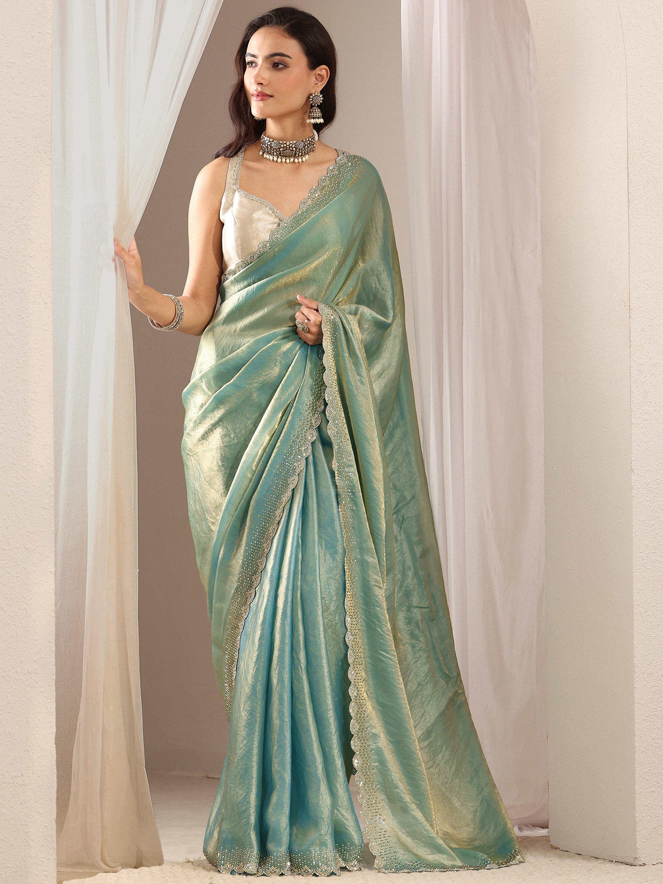 libas Blue Embellished Border Tissue Saree With Unstitched Blouse Piece-picture-39