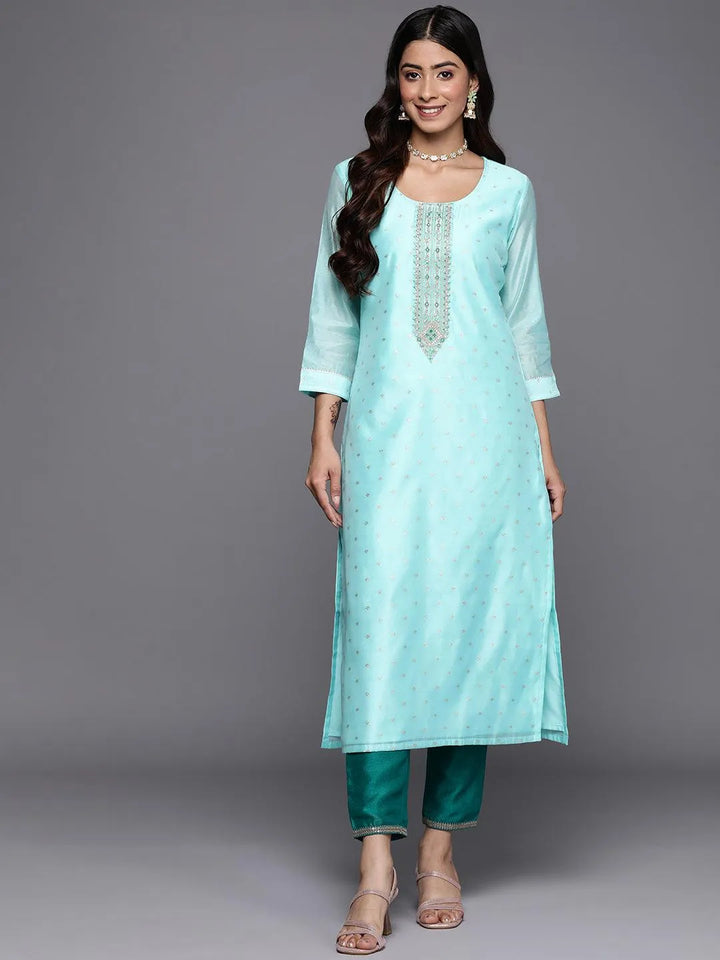 Blue Embellished Chanderi Silk Straight Kurta - Libas