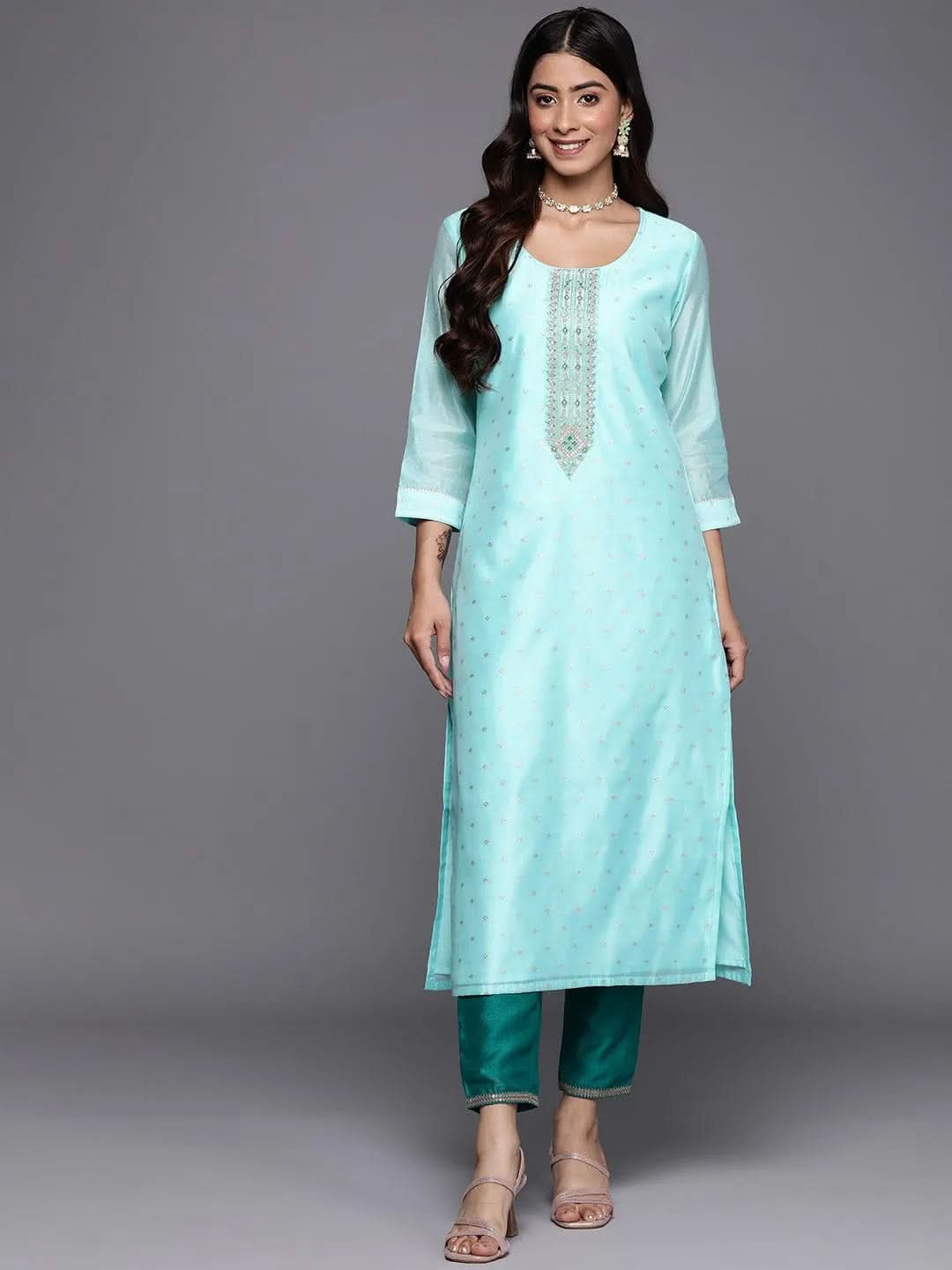

Blue Embellished Chanderi Silk Straight Kurta