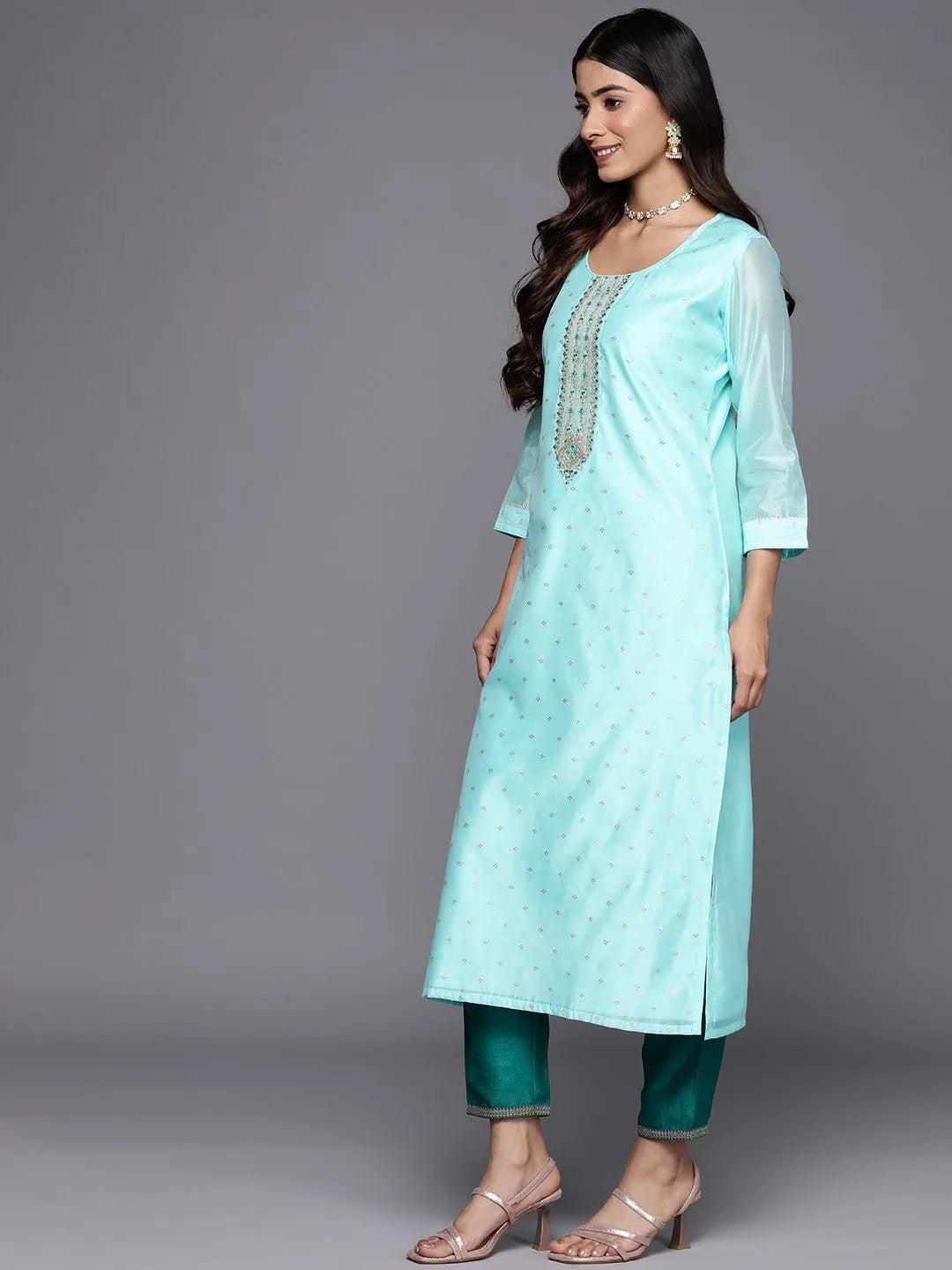 Blue Embellished Chanderi Silk Straight Kurta - Libas