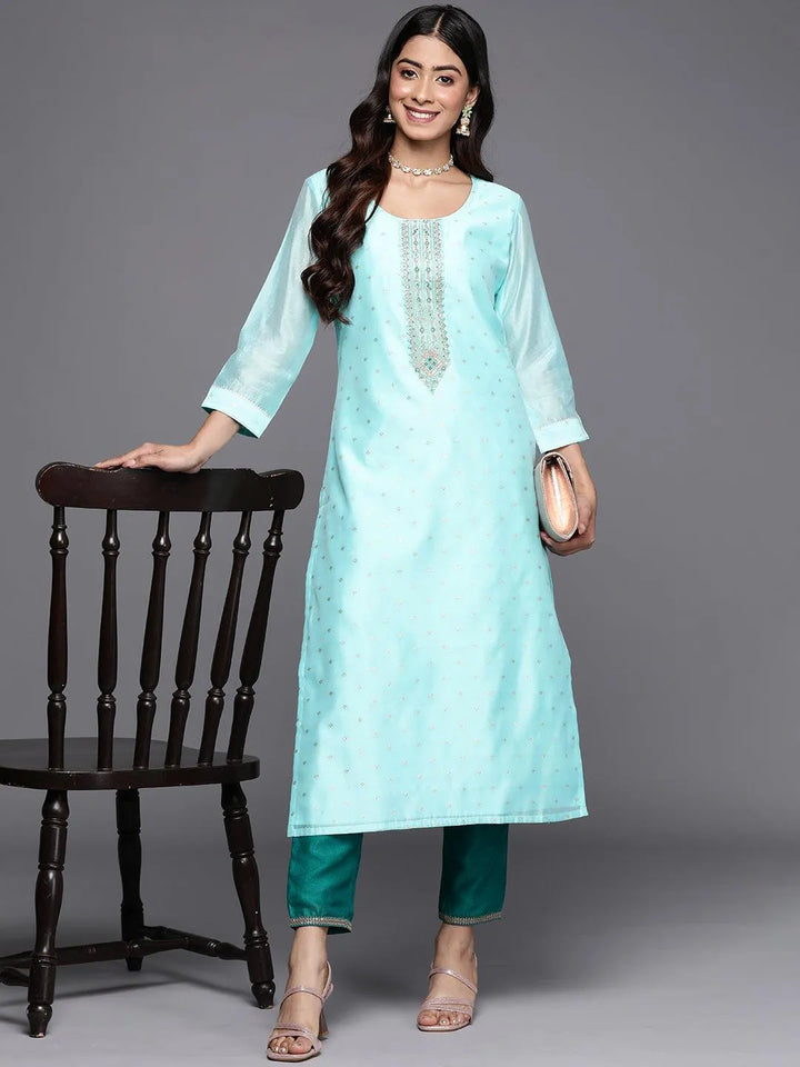 Blue Embellished Chanderi Silk Straight Kurta - Libas