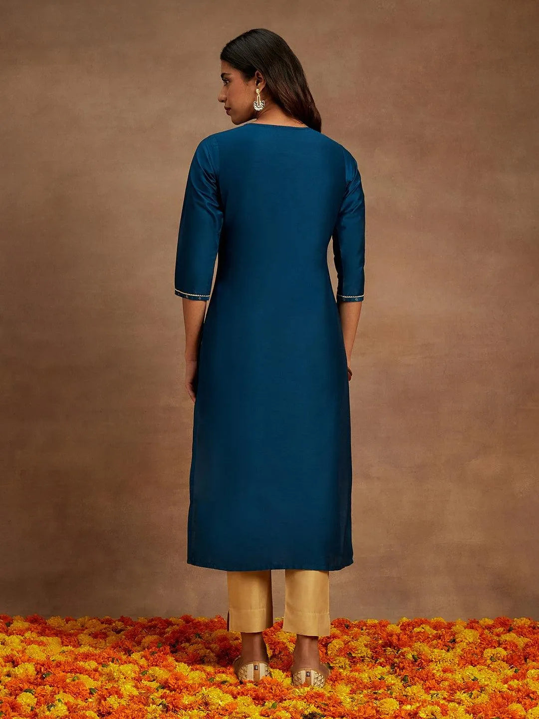 Blue Embellished Chanderi Silk Straight Kurta - Libas 