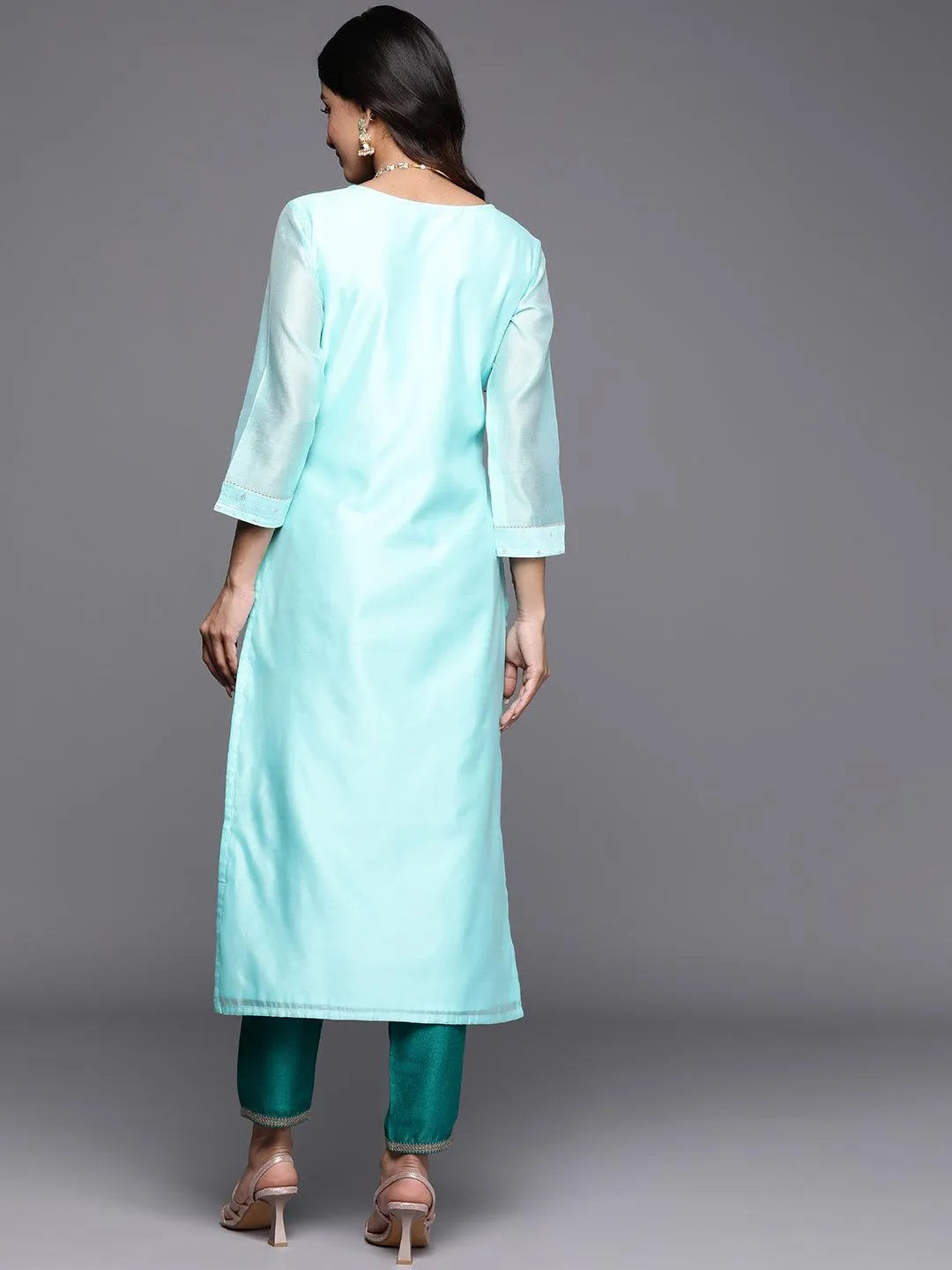 Blue Embellished Chanderi Silk Straight Kurta - Libas