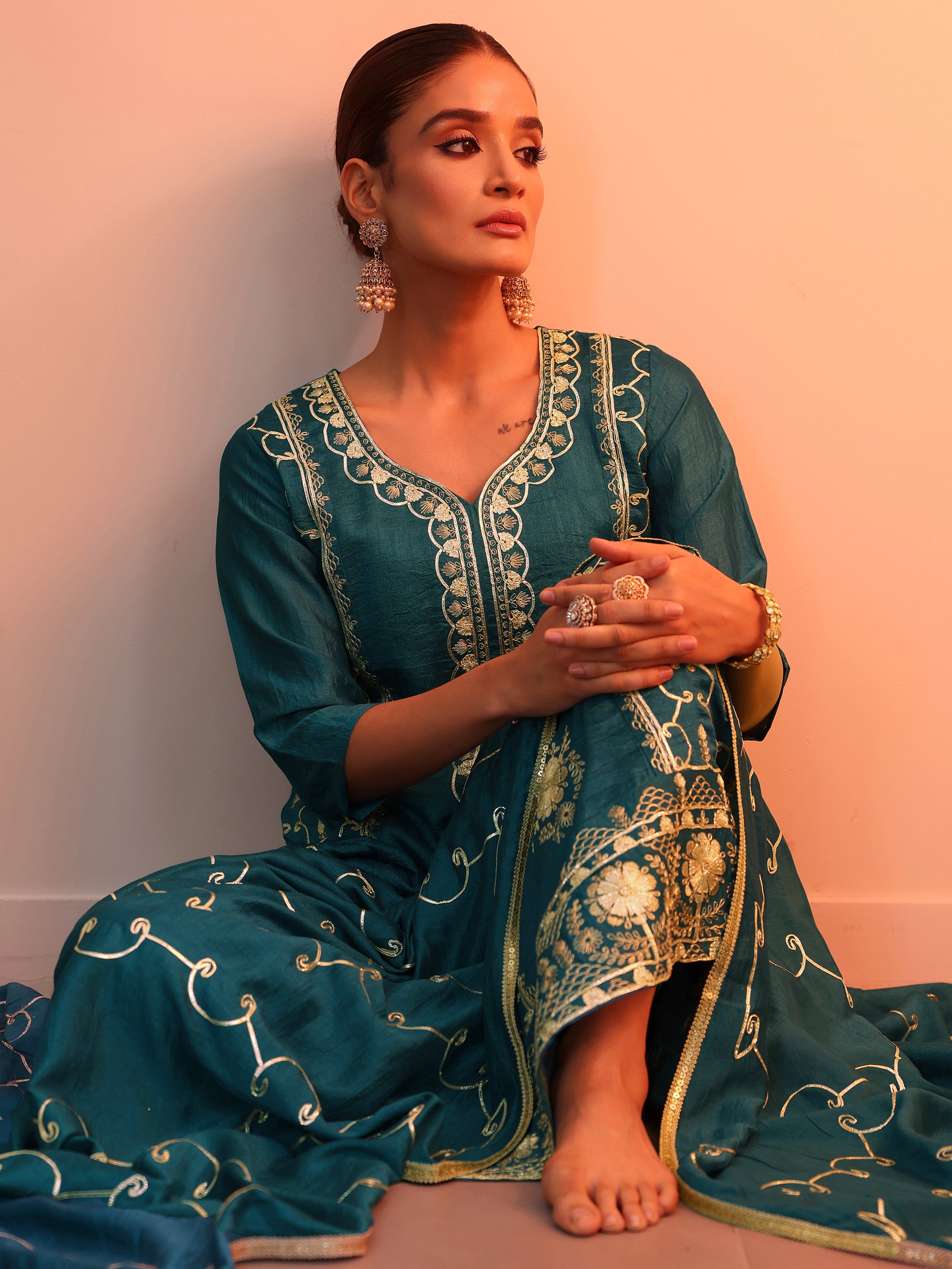 Blue Embellished Chinon Straight Suit Set With Dupatta-image-1