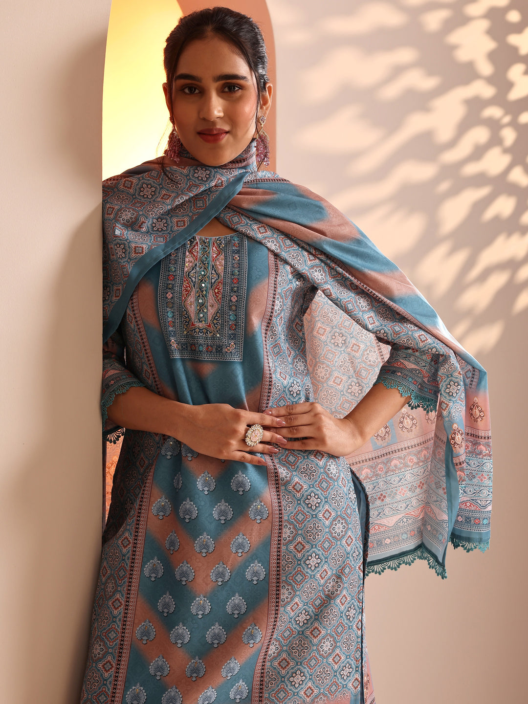  Blue Embellished Crepe Straight Suit Set With Dupatta 