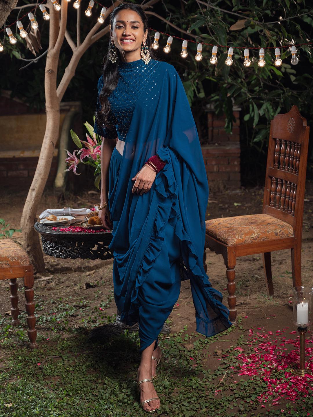 Blue Embellished Georgette Dhoti Saree