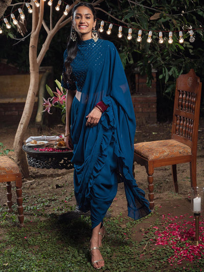 Blue Embellished Georgette Dhoti Saree - Libas