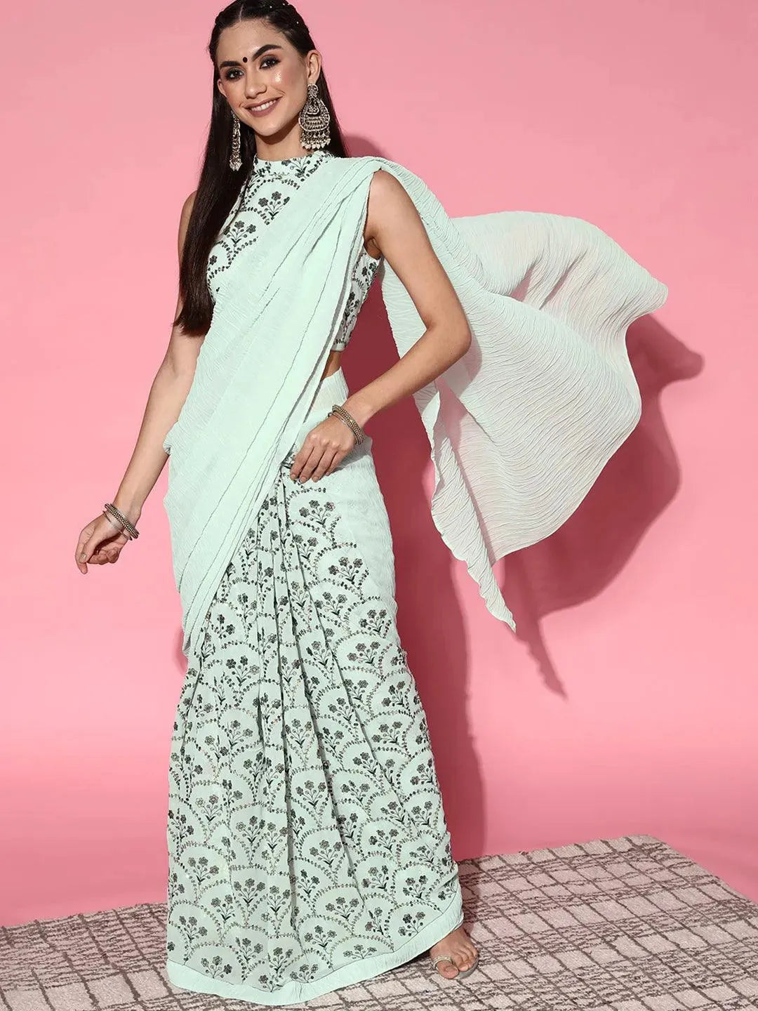 Blue Embellished Georgette Saree - Libas 