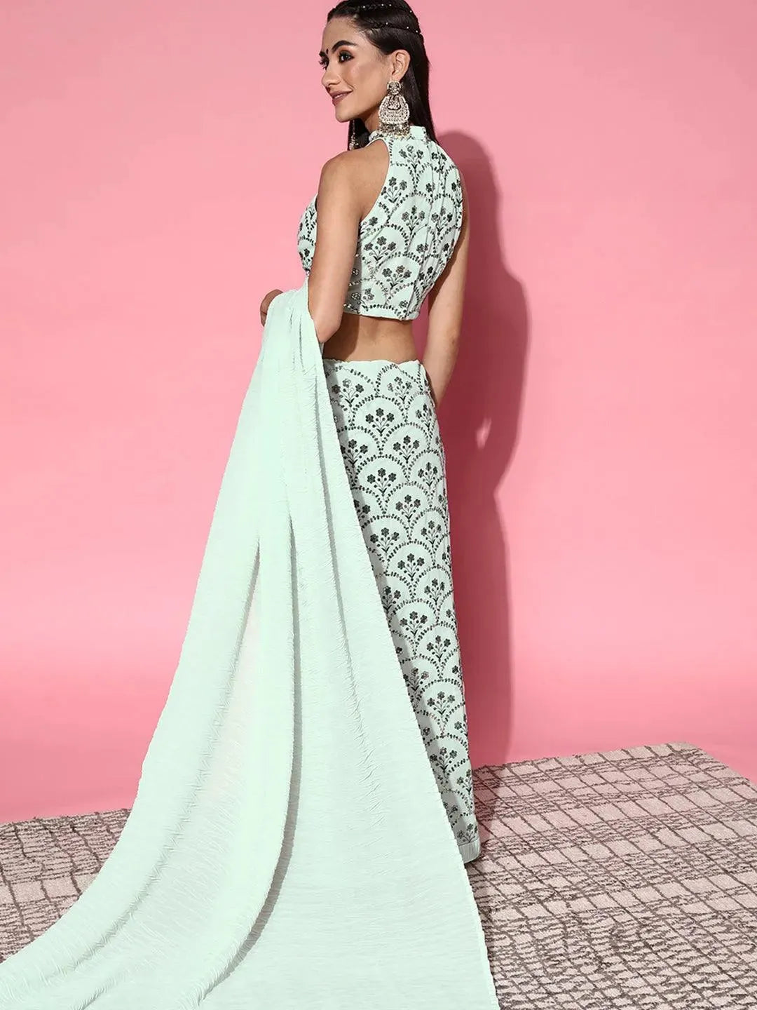 Blue Embellished Georgette Saree - Libas 