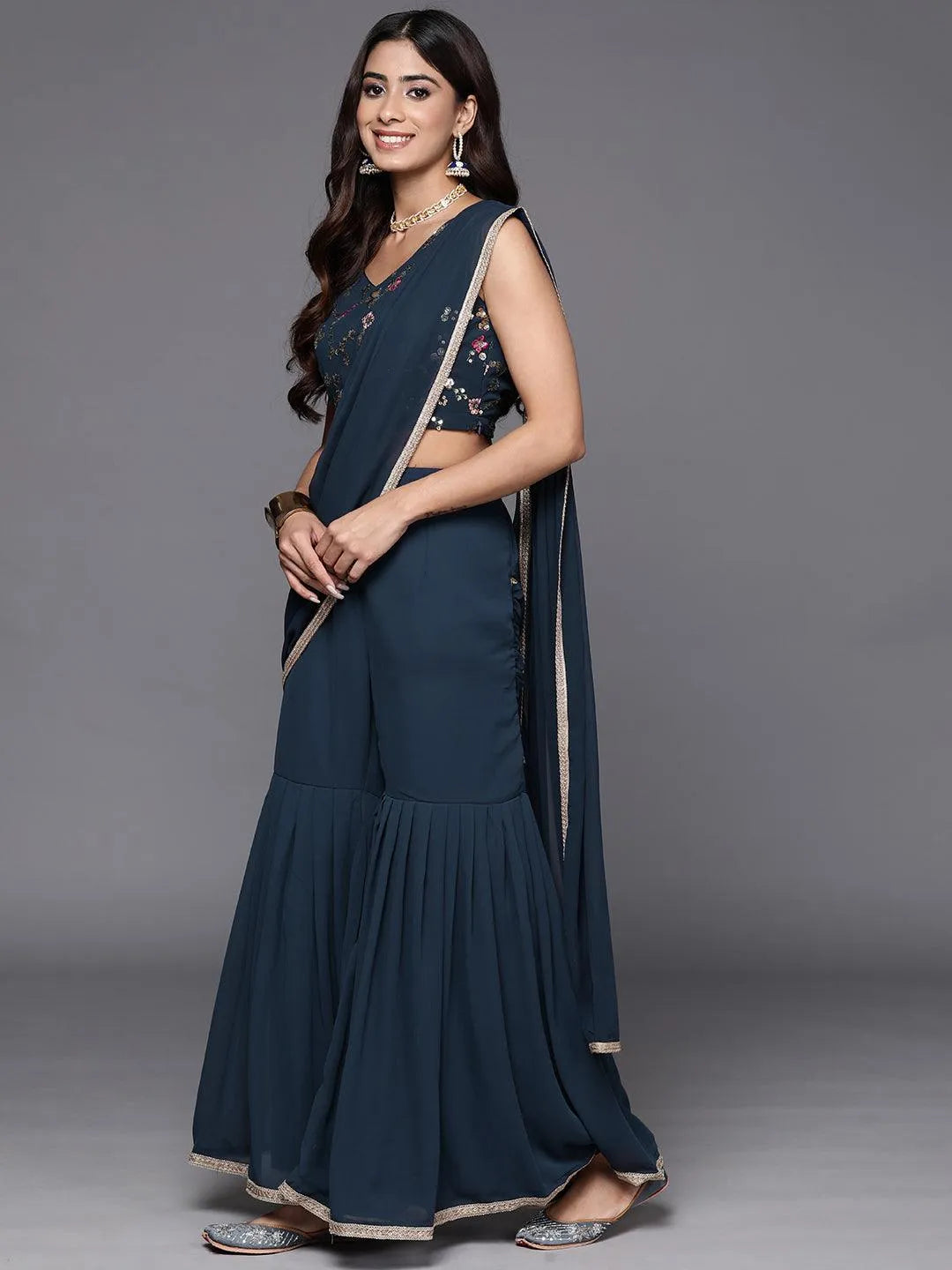 Blue Embellished Georgette Stitched Saree - Libas