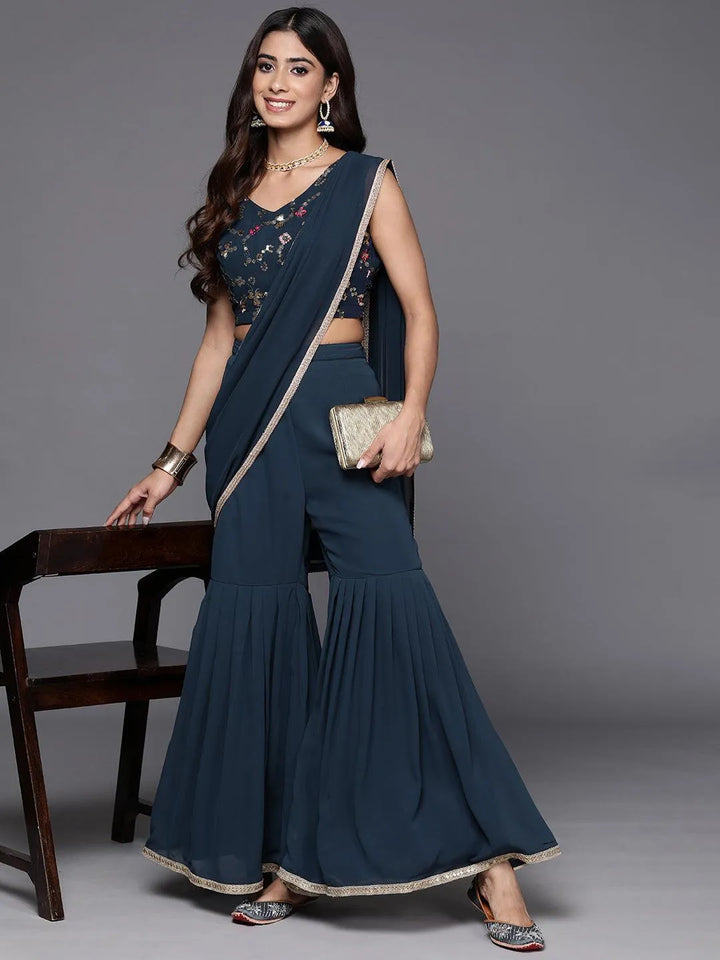 Blue Embellished Georgette Stitched Saree - Libas