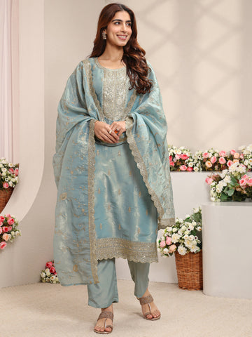 Blue Embellished Organza Straight Suit Set With Dupatta