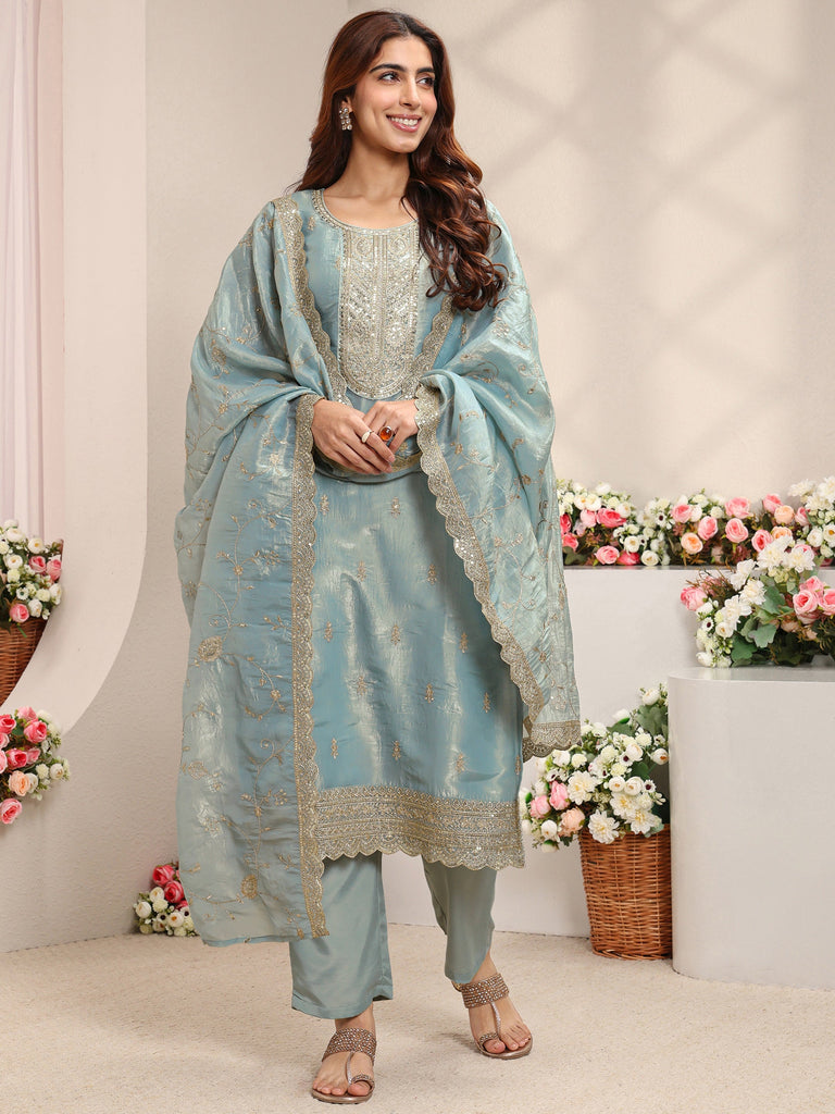 Libas Blue Embellished Organza Straight Suit Set With Dupatta