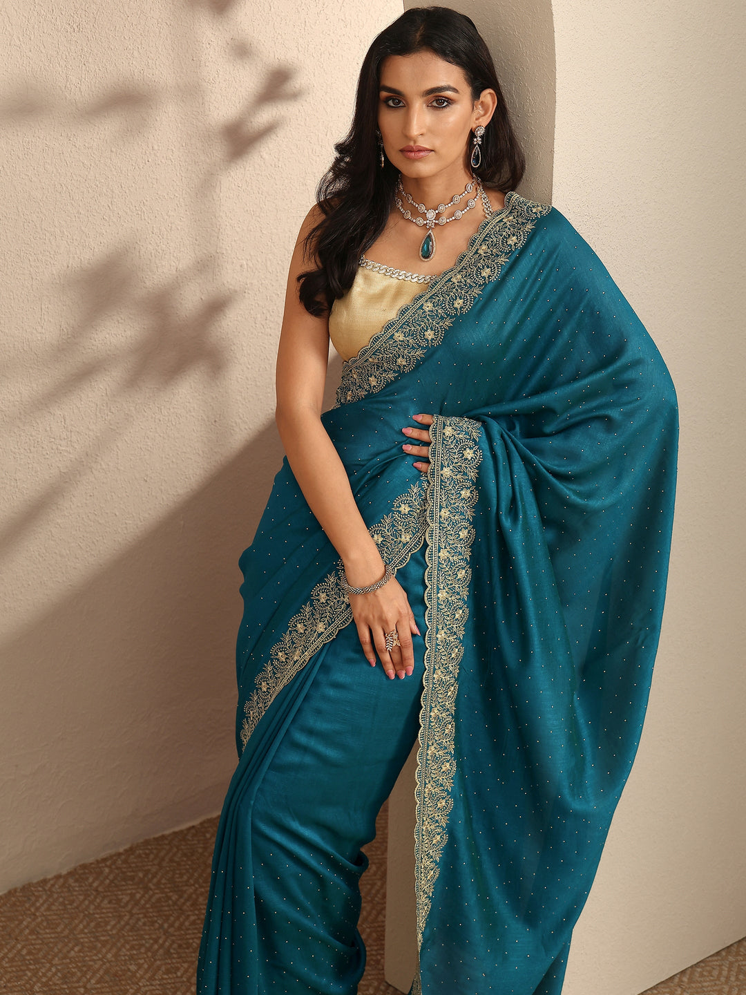  Blue Embellished Silk Blend Saree With Unstitched Blouse Piece 