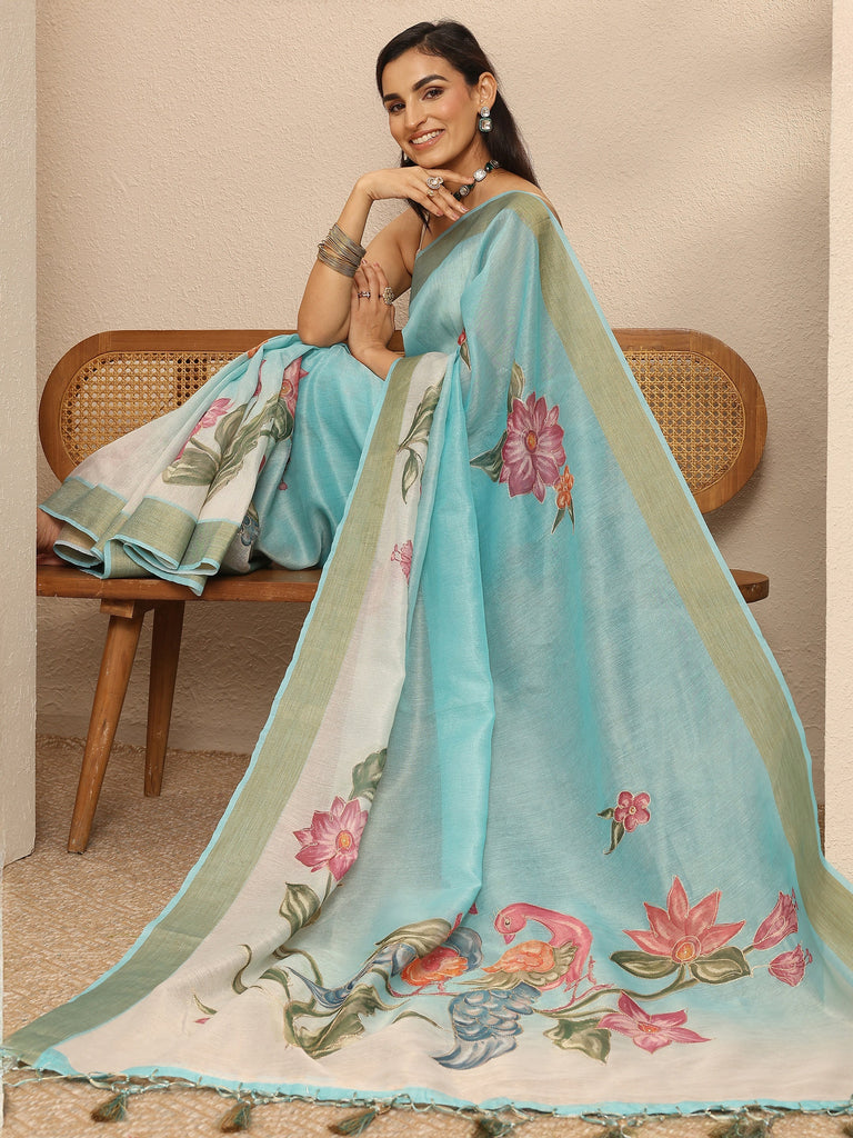 Libas Blue Embellished Silk Blend Saree With Unstitched Blouse Piece