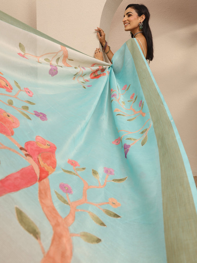Libas Blue Embellished Silk Blend Saree With Unstitched Blouse Piece
