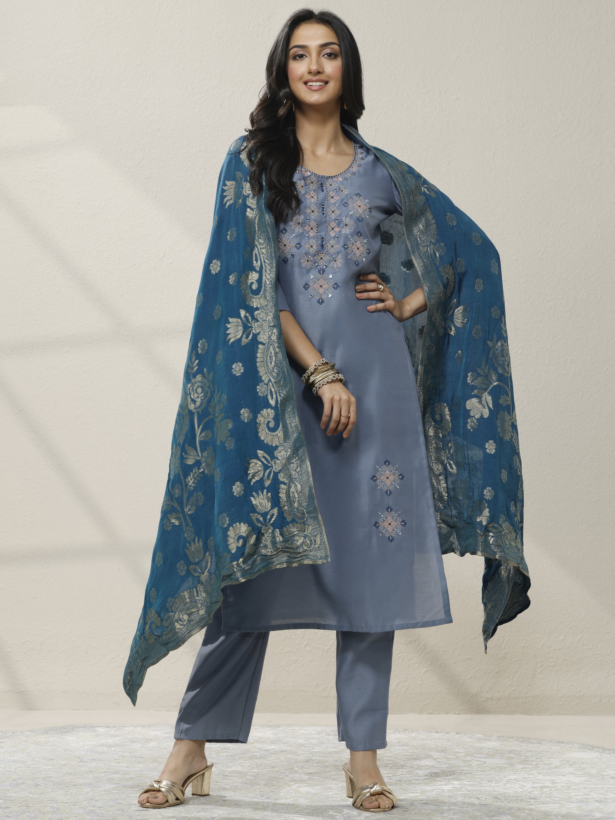 Blue Embellished Silk blend Straight Suit Set With Dupatta-image-15