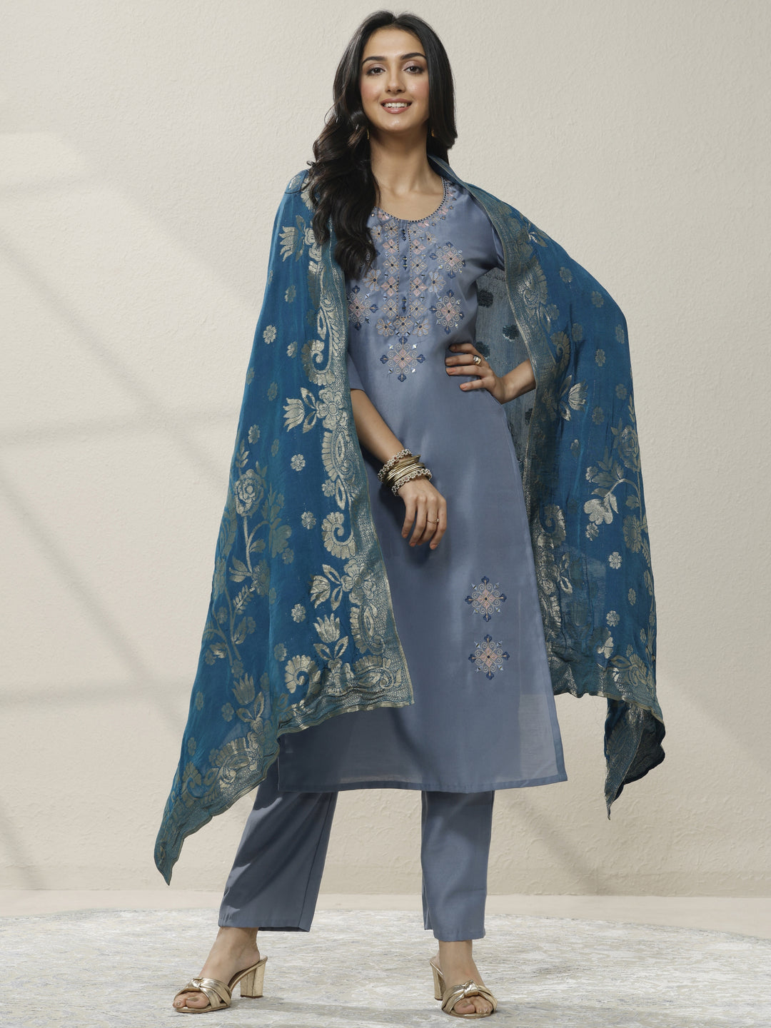 Blue Embellished Silk blend Straight Suit Set With Dupatta