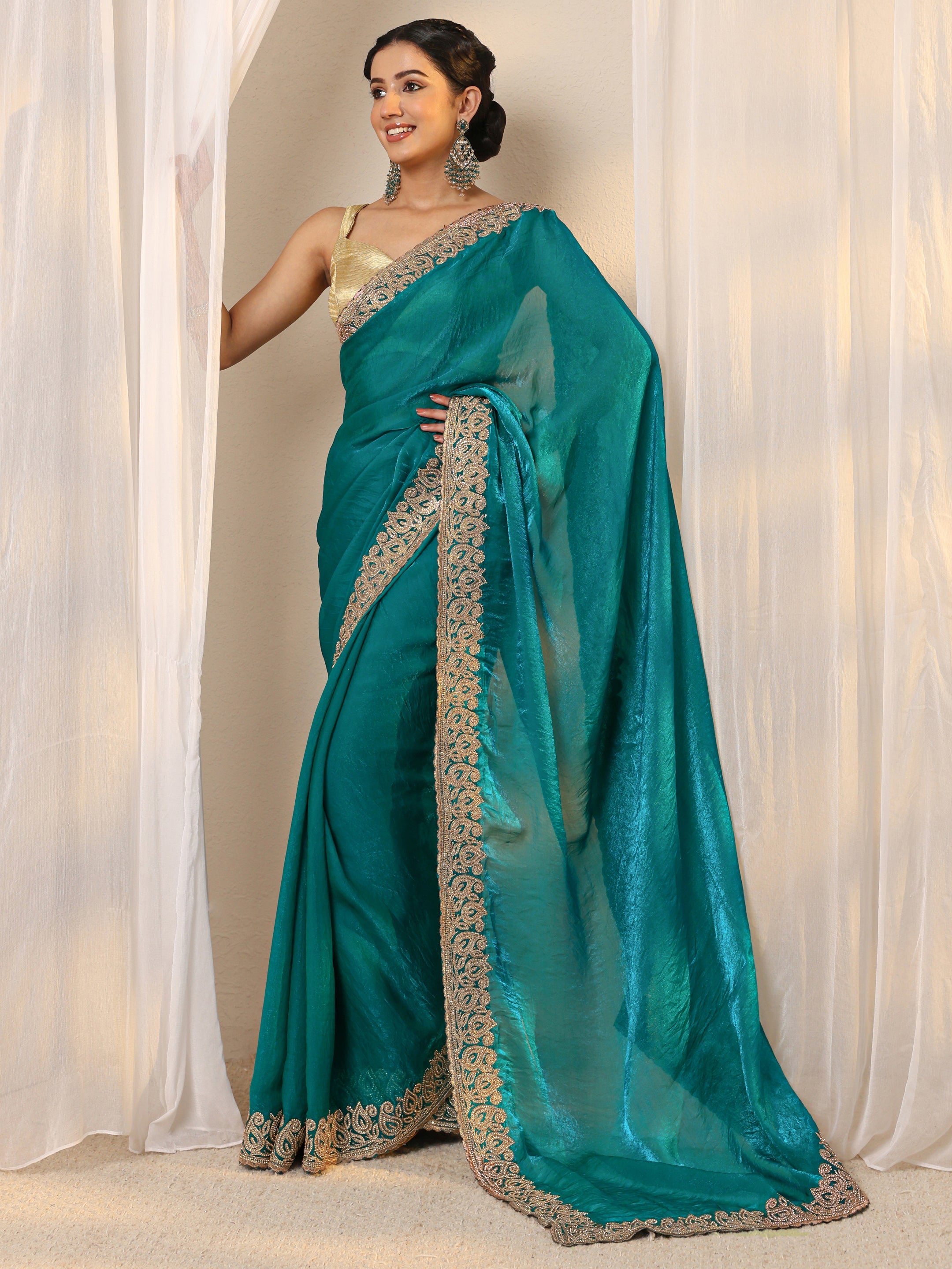 libas Blue Embellished Tissue Saree With Unstitched Blouse Piece-picture-64