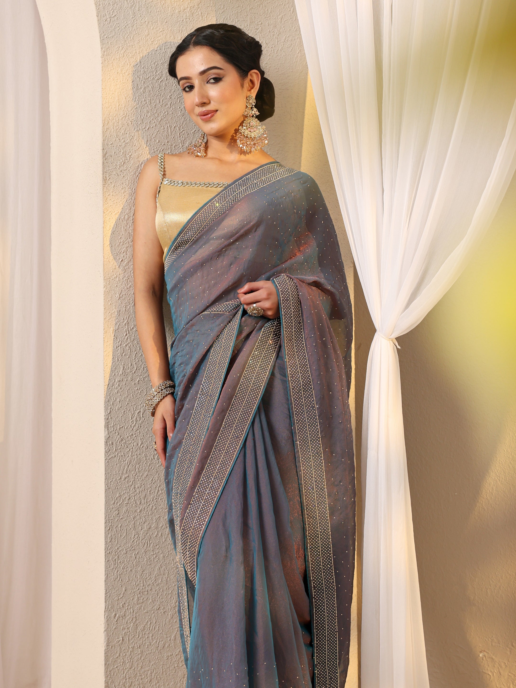Blue Embellished Tissue Saree With Unstitched Blouse Piece-image-48