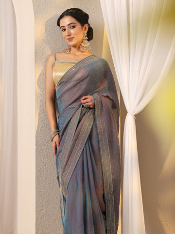 Blue Embellished Tissue Saree With Unstitched Blouse Piece