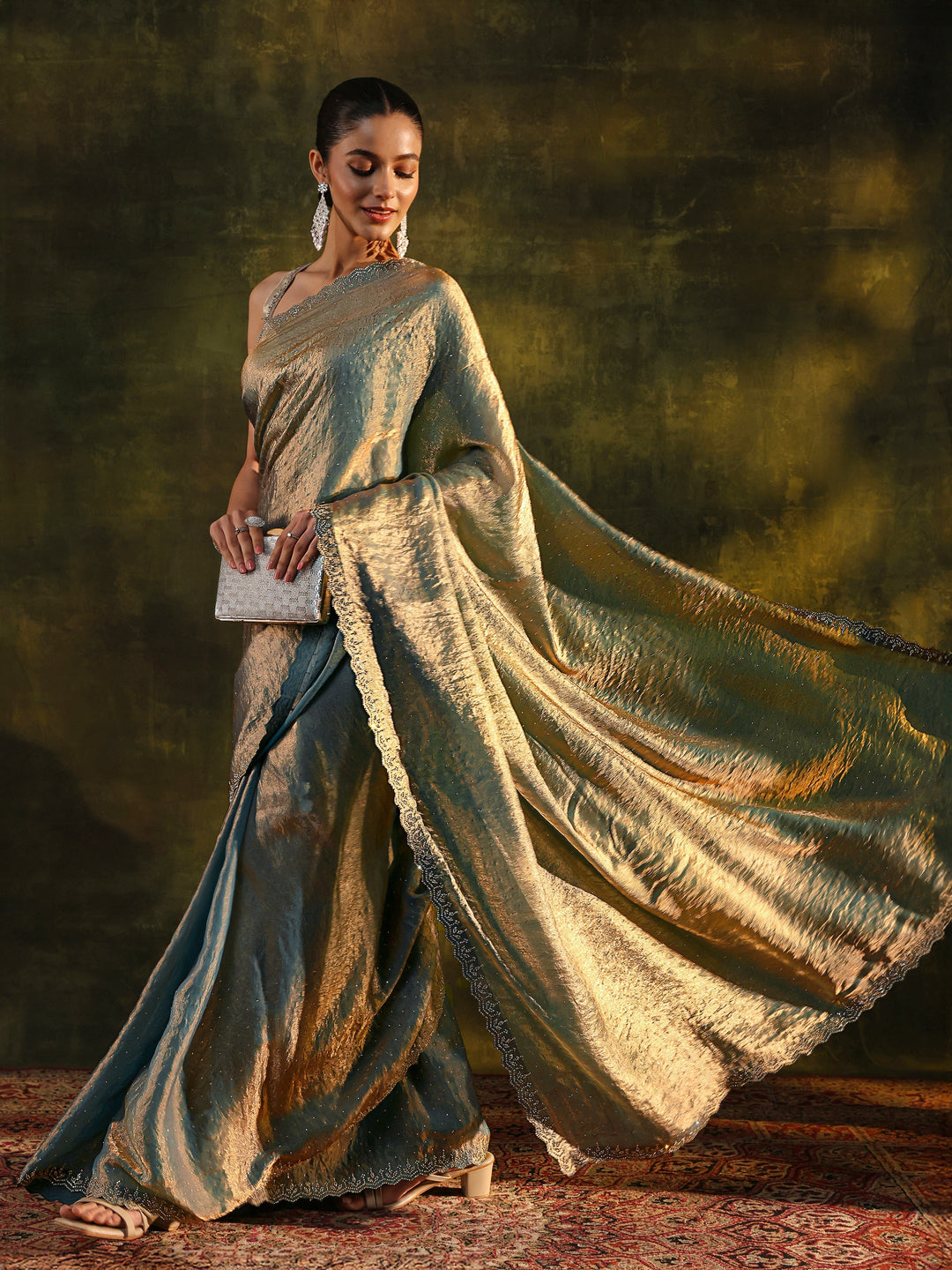 Blue Embellished Tissue Saree With Unstitched Blouse Piece