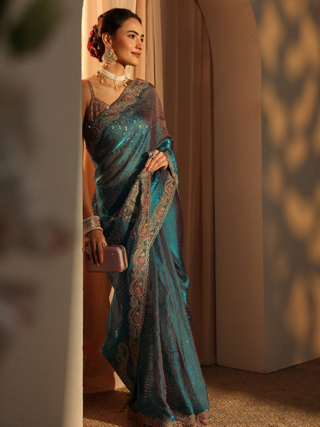  Libas Blue Embellished Tissue Saree With Unstitched Blouse Piece 