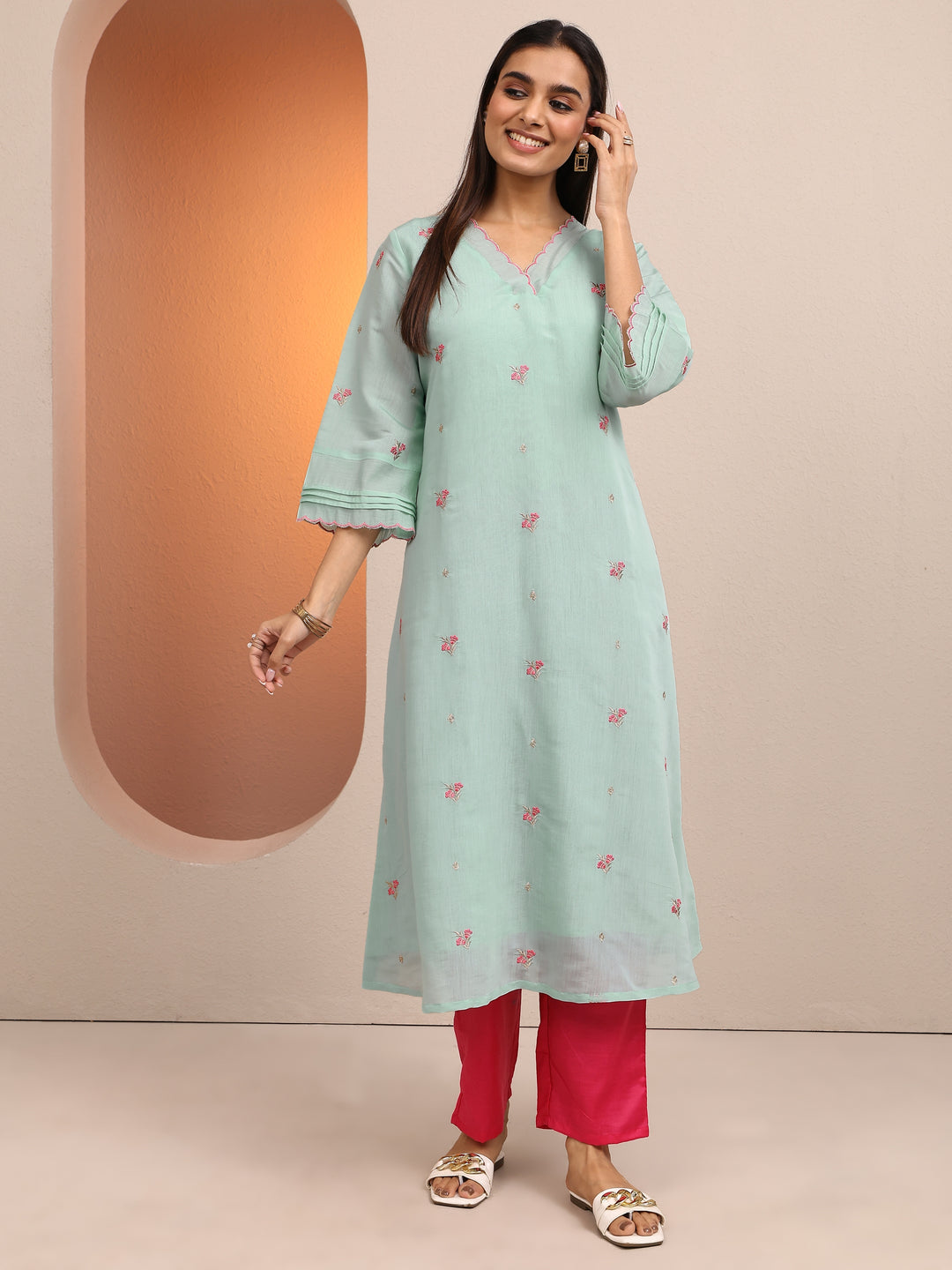 Blue Embroidered Chanderi Cotton A-Line Kurta 