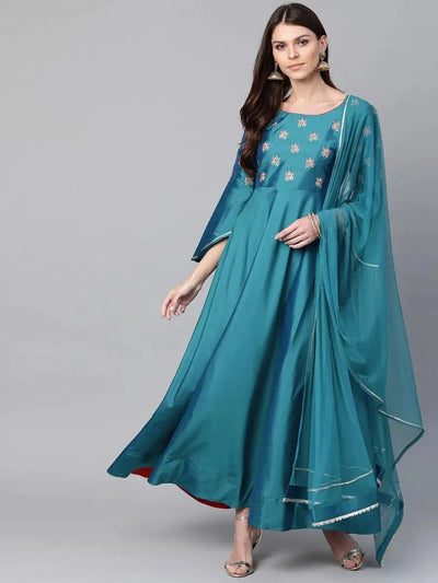 Blue Embroidered Chanderi Dress With Dupatta - Libas