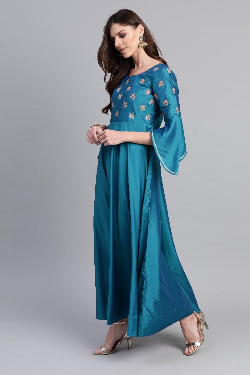 Blue Embroidered Chanderi Dress With Dupatta - Libas