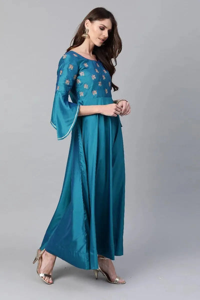 Blue Embroidered Chanderi Dress With Dupatta - Libas