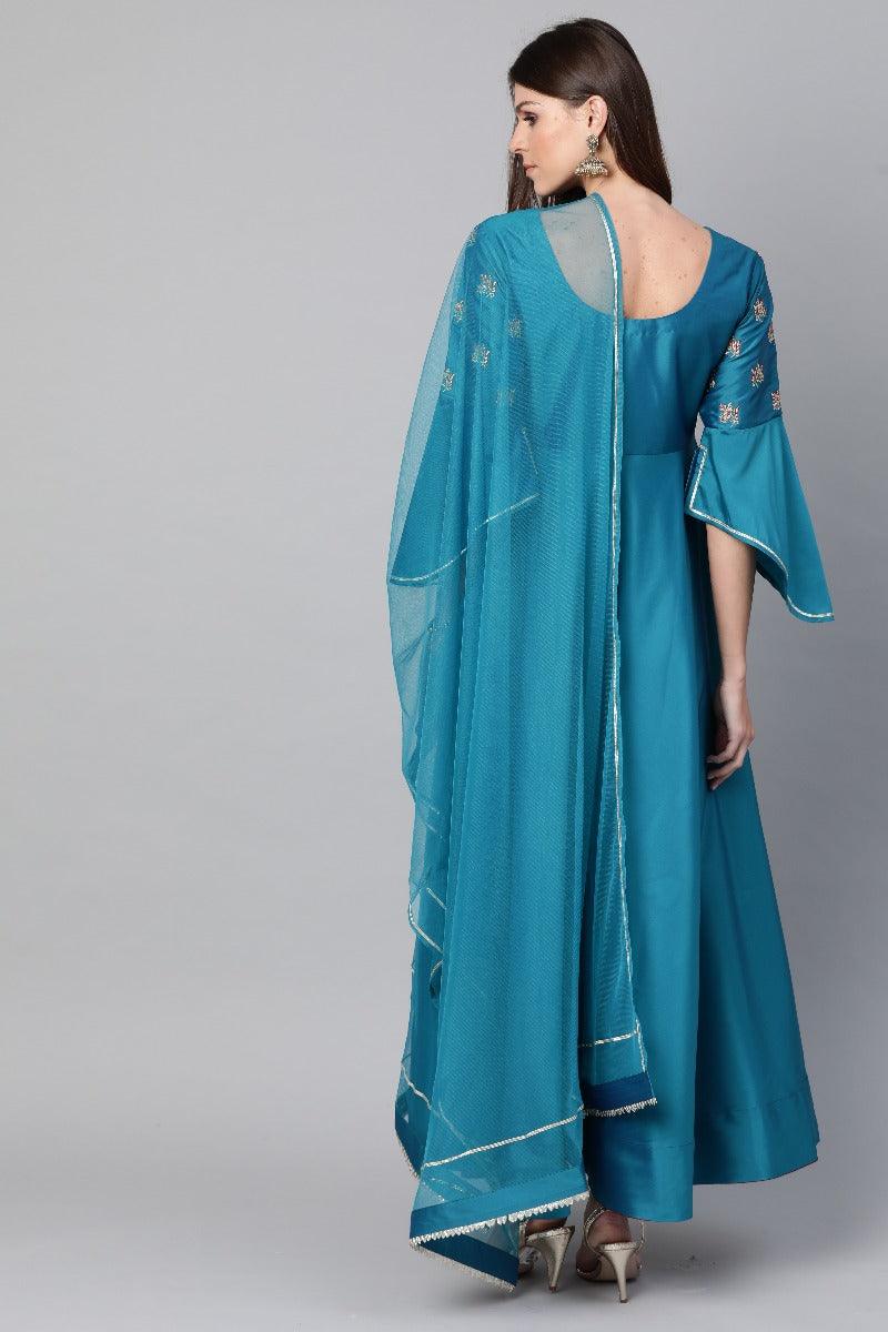 Blue Embroidered Chanderi Dress With Dupatta - Libas
