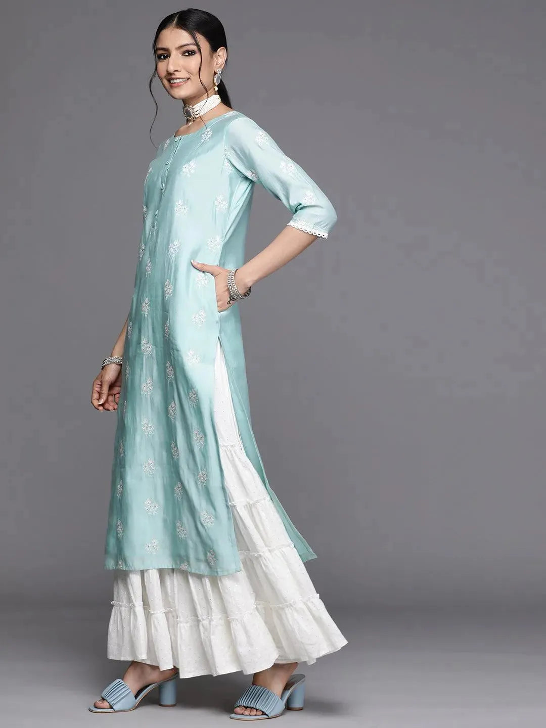 Blue Embroidered Chanderi Silk Kurta - Libas