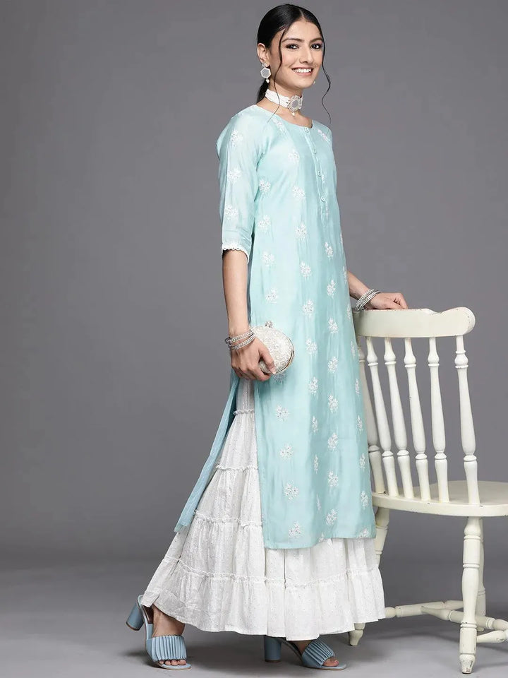 Blue Embroidered Chanderi Silk Kurta - Libas