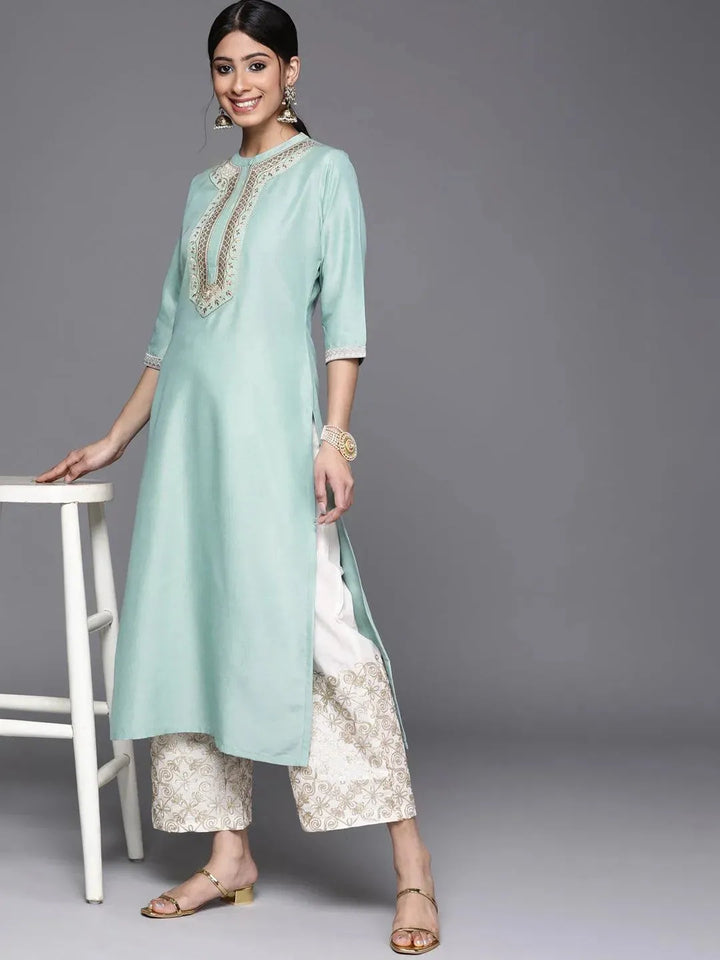 Blue Embroidered Chanderi Silk Kurta - Libas