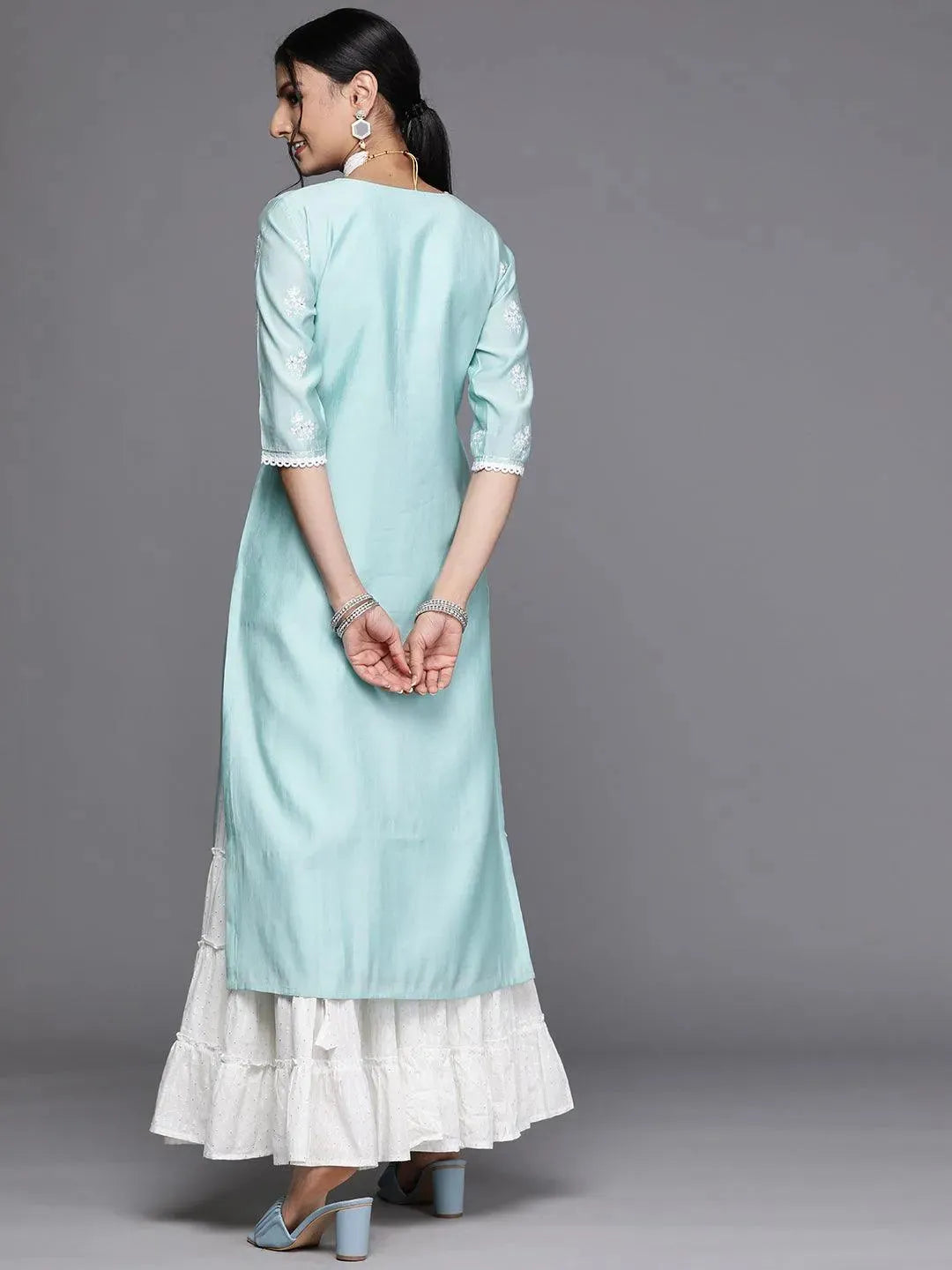 Blue Embroidered Chanderi Silk Kurta - Libas 