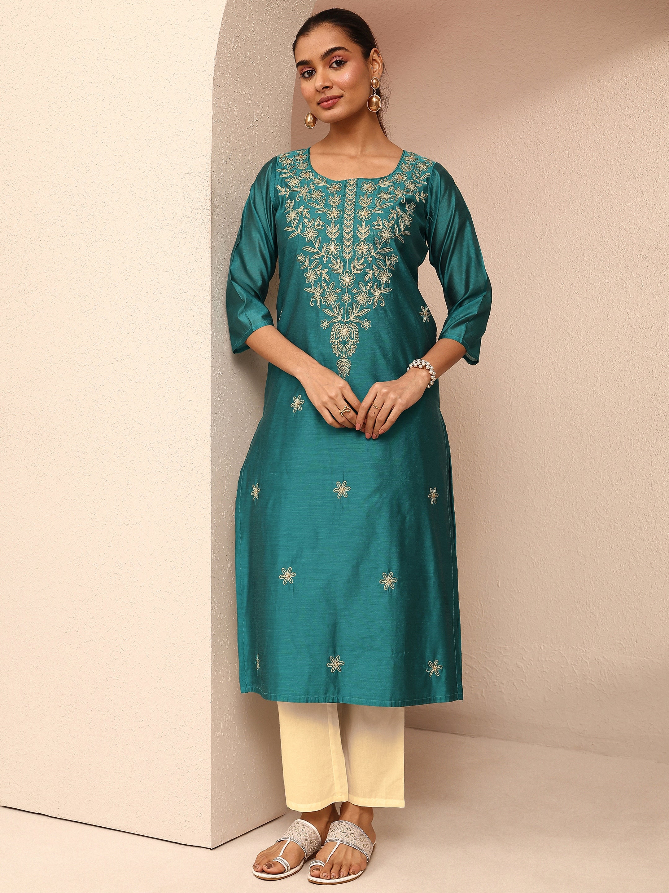 libas Blue Embroidered Chanderi Silk Straight Kurta-picture-45