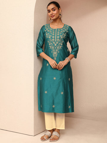 Blue Embroidered Chanderi Silk Straight Kurta