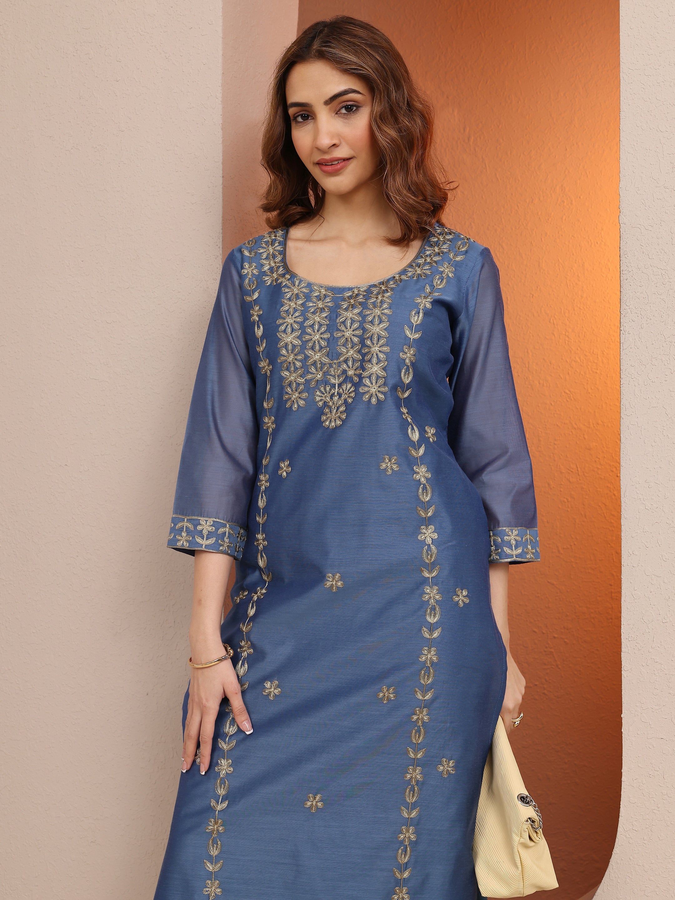 Blue Embroidered Chanderi Silk Straight Kurta-image-32