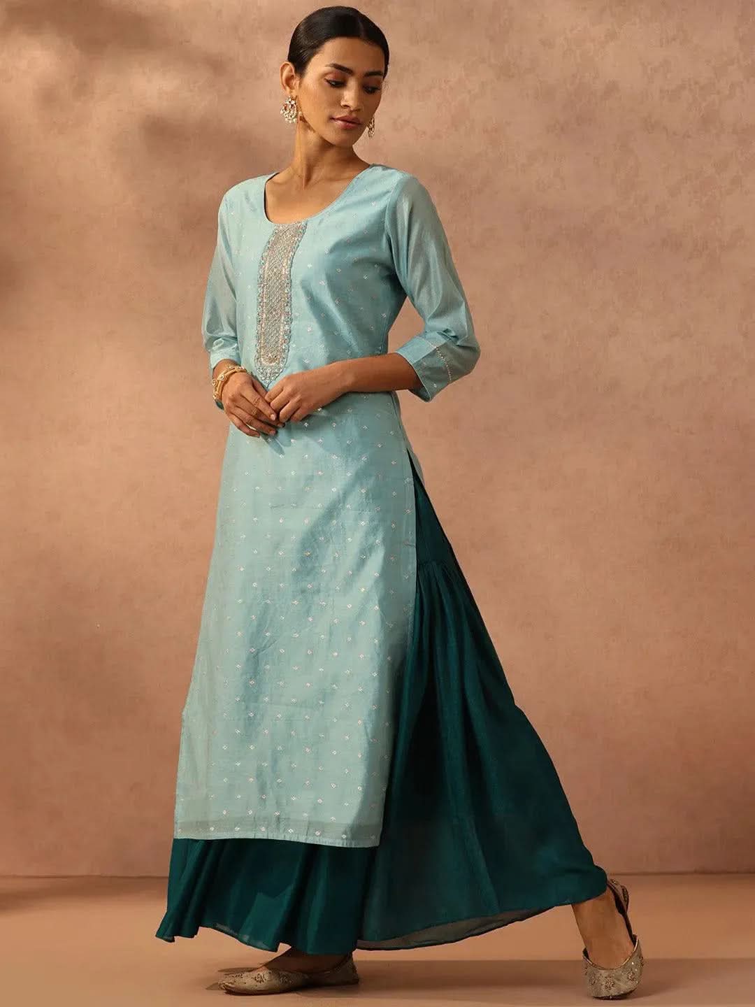 Blue Embroidered Chanderi Silk Straight Kurta - Libas 
